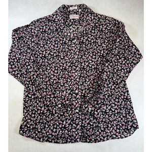 Vintage Orvis Women's Button‎ Up Floral Blouse 14 Black with Roses Long Sleve